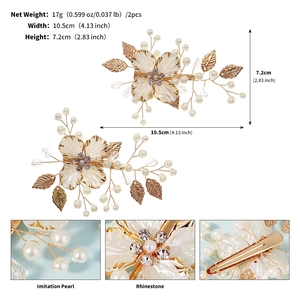 Détail de pinces à cheveux florales avec perles, feuilles dorées et dimensions précises
