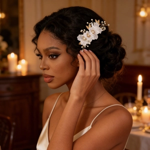 Close-up of bridal hair comb with white fabric flowers, golden leaves and pearls