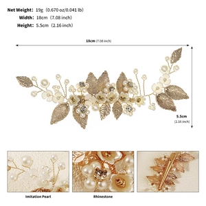 Detail view of 18cm golden bridal hair clip with dimensions and pearl leaf accents