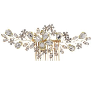 Peigne à cheveux de mariée doré élégant avec strass étincelants et motif de feuilles fait main