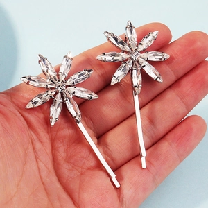 Sparkling sunflower hair clips with silver metal base and rhinestones for party wear