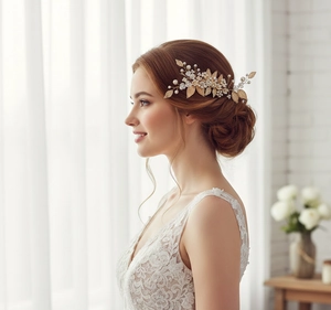 Detail of bridal hair clip with golden leaves and pearls worn on a wedding updo