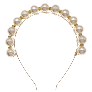 Retro handmade pearl headband with sparkling rhinestones on a gold metal frame