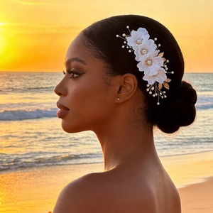 Detail of bridal hair comb with white fabric flowers and pearls at sunset beach
