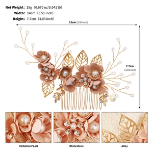 Detail view of pink fabric floral hair comb with pearls, crystal beads, and 15cm dimensions