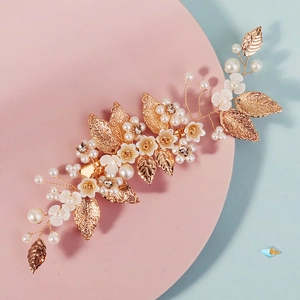 Handmade Bridal Hair Clip Gold Leaf Flower Design With Imitation Artificial Pearl Rhinestone Wedding Hair Accessories For Women Party