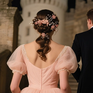 Detailed view of pink fabric flowers and white pearls on a bridal hair comb