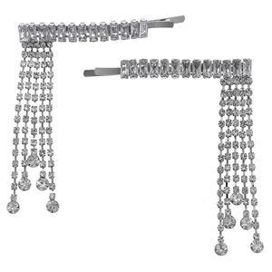 Elegant silver tassel hair clips with sparkling rhinestones for luxury party styling