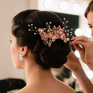 Golden leaf and pink flower bridal hair comb with pearls for wedding hairstyles