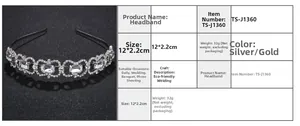 Macro du serre-tête couronne en strass avec motifs cœur, taille 12x2,2cm et poids 32g