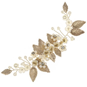 Handmade bridal hair clip with gold leaf, white resin flowers and faux pearls