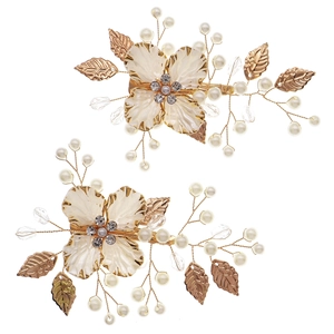 Golden vintage floral hair clips with handmade pearls and crystal petals for weddings