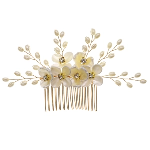 Peigne à cheveux de mariée avec fleurs en acrylique, perles et cristaux dorés