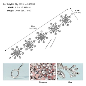 Detailed specs of bridal snowflake headband with rhinestones showing 36cm length and weight