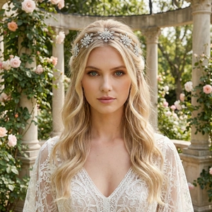 Close-up of sparkling rhinestone snowflake bridal headband on model in wedding setting