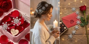 Sparkling rhinestone snowflake headband for bridal hair styling in romantic gift box setting