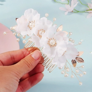 Elegant bridal hair comb with handmade white fabric flowers, pearls and golden leaves