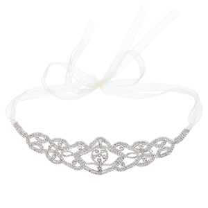 Elegant bridal hair band with luxury rhinestones and white organza ribbon for weddings
