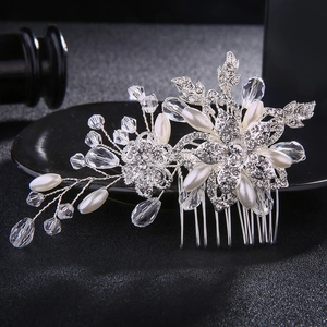 Exquisite silver bridal hair comb with handmade flowers, pearls and crystal rhinestones