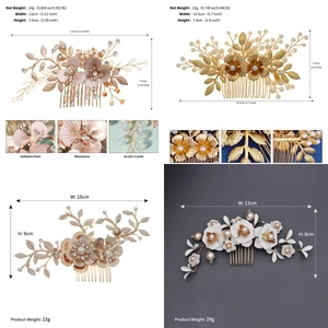 Détails de peignes à cheveux de mariée dorés faits main avec perles et fleurs