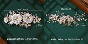Détails des dimensions des peignes à cheveux mariage vintage dorés avec fleurs et perles