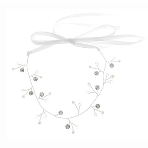 Detail of bridal headband with silver vine wire, white pearls, and organza ribbons