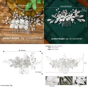 Detailed size chart showing four silver flower hair combs with pearl and alloy leaf dimensions