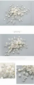 Macro view of bridal hair comb showing handmade white pearls and sparkling rhinestones