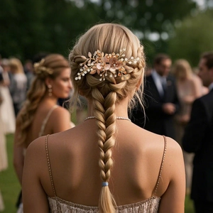 Detail of vintage gold flower hair comb with pink petals and pearls on bridal hairstyle