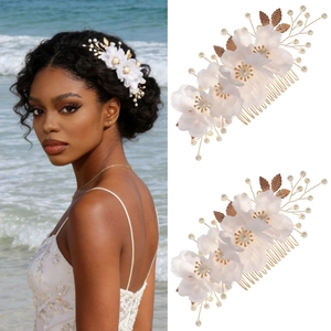 Bridal Wedding Hair Comb And Hairpins Set Cloth Flower Imitation Artificial Pearl Gold Alloy Leaf Forest Style Sweet Headpiece