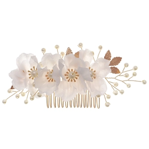 Vintage floral bridal hair comb with white fabric flowers and golden pearl accents