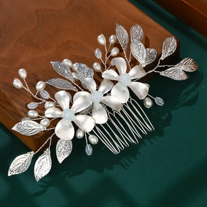 Elegant silver metal flower hair comb with white pearls and blue beads for bridal wedding