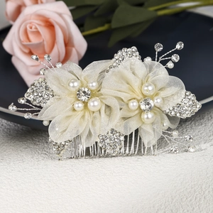 Peigne à cheveux élégant pour mariée avec fleurs en organza, perles et cristaux