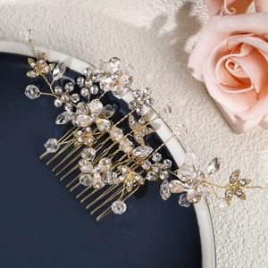 Peigne à cheveux de mariée avec perles de cristal et fleurs en fil doré et strass