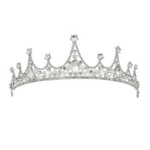 Macro detail of silver bridal crown featuring crystal rhinestones and olive branch design
