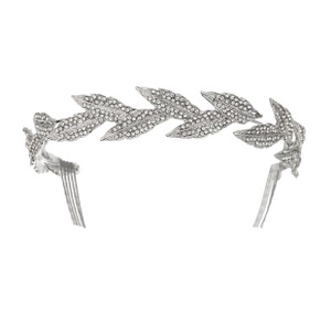 Detail of silver leaf bridal headband with sparkling rhinestones and securing hair combs