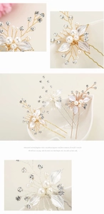 Macro shot of handmade bridal hair pins featuring white enamel leaves and pearls