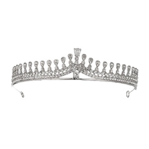 Detailed view of silver bridal crown featuring shimmering crystals and baroque design