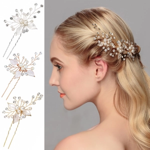 Handmade Bridal Artificial Pearl Rhinestone Hair Pin Enamel Leaf U-Shaped Hair Fork Wedding Hair Jewelry For Women Accessory