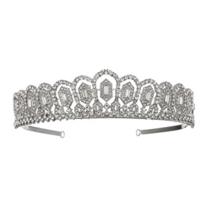 Detailed view of silver bridal tiara featuring geometric crystal patterns and sparkling rhinestones