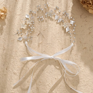 Vigne de Cheveux de Mariée Faite à la Main Avec Strass Künstliche Perle Fleur en Émail Or Argent Ruban de Satin Serre-Tête Mariage Fête Femme