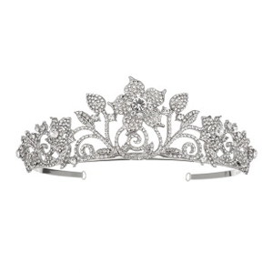 Close-up of a silver bridal crown featuring rhinestones with floral and leaf motifs