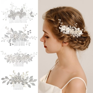Silver Flower Beaded Hair Comb For Women Bridal Wedding Hair Accessories Elegant Handmade Floral Leaf Rhinestone Artificial Pearl Hair Insert Comb
