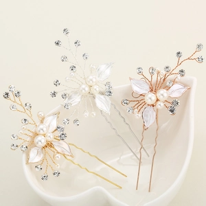 Bridal leaf hair pins with pearls and crystals in gold, silver and rose gold