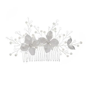 Handmade bridal hair comb with white flowers, pearls and crystals on silver base