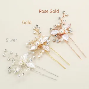 Handmade bridal hair pins with pearls, crystals and leaves in gold, silver and rose gold
