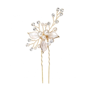 Handmade bridal hair pin with white enamel leaves, pearls and crystals in gold setting