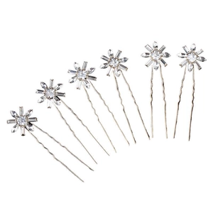 Set of 6 bridal hair pins with sparkling crystal snowflake designs in silver alloy