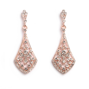 Close-up of rose gold rhinestone wedding earrings with hollow geometric floral patterns