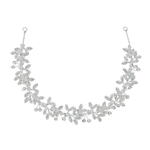 Detail of silver bridal headband with crystal leaves and white acrylic flower accents